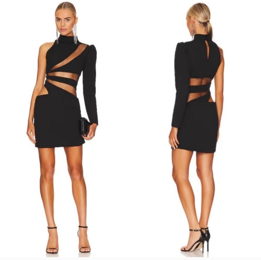 PatBo revolve spiral one sleeve black mesh dress designer size 4 NWT